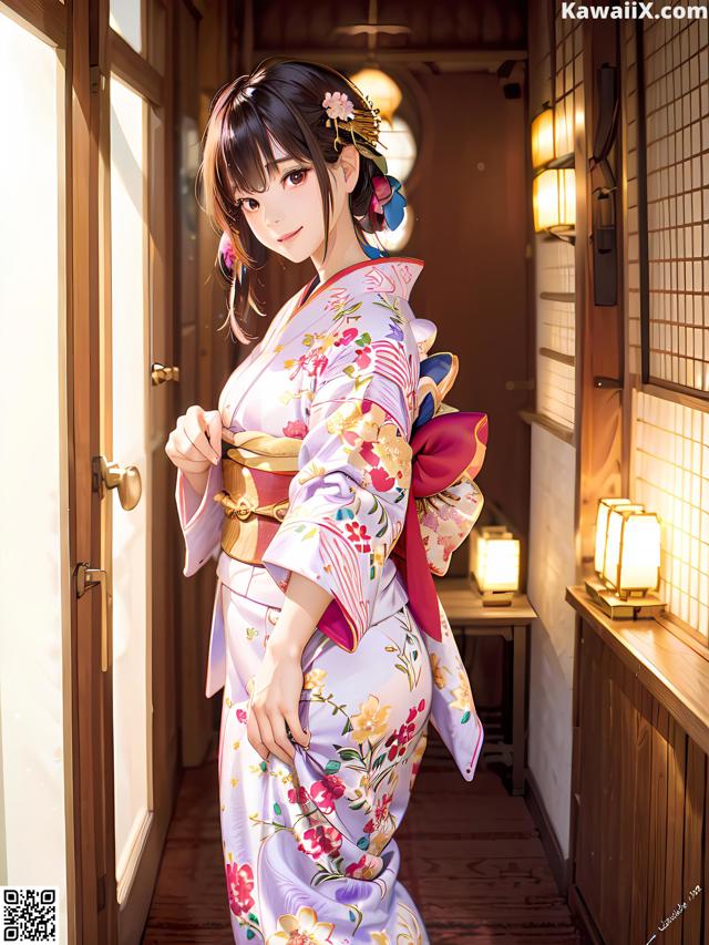 A woman in a kimono standing in a hallway.