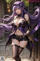 A woman with long purple hair wearing a black outfit.