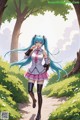 A girl with long blue hair walking down a path.