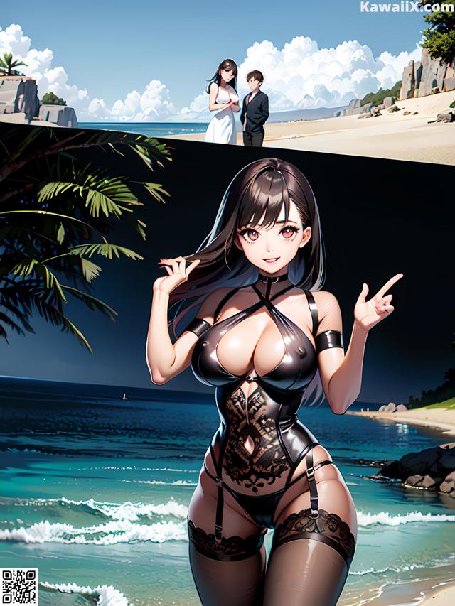 A woman in lingerie standing on a beach next to the ocean.