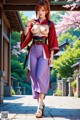 A woman in traditional Japanese attire walks through a serene garden with cherry blossoms and traditional architecture.